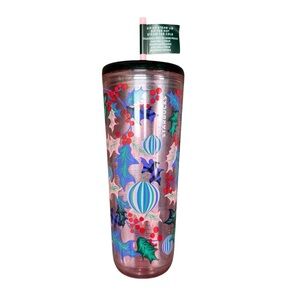 NEW Starbucks Holiday 2024 Pink Leaves Sip Straw Lid 24 Oz Hot/Cold Cup Tumbler